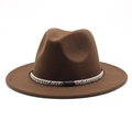 Close-up of brown wool fedora hat featuring a stylish black and white braided rope band - Coffee