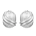 Polished silver geometric square striped stainless steel earrings with oval textured detail - Steel Double Stripe Oval Earrings (MS-466)