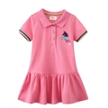 Pink short-sleeve girls' polo dress featuring unicorn embroidery and rainbow stripes - 5T / Pink (67207#)