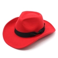 Detail of red wool felt cowboy hat featuring a black satin ribbon and curved wide brim - M (56-58cm) / Red