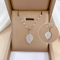 Titanium steel silver leaf pendant necklace with lucky character in jewelry box - Lucky Leaf Lettering Silver (N314)