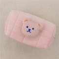 Pink quilted plush pencil case with embroidered bear head for school and makeup - Pink (Pink Bear)
