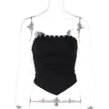 Close-up of black strapless tube top with decorative buttons and pointed hemline - S / Black
