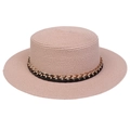 Pink wide brim straw hat with flat top and black-gold chain decoration for women - Thick Chain Decor Band Style (300E)