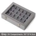 Grijze fluwelen sieradendoos met 24 vakken en glazen deksel voor ringen, 20x15x4,5cm - 24 Grids / Grijs