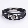 Multi-layer black leather bracelet for men featuring a silver eagle head metal charm - Eagle Beak