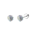 Macro detail of silver stainless steel screw back earrings with colorful zircon crystals - AB Rhinestone Ball