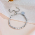Adjustable stainless steel bead bracelet with blank round tag on soft fabric - Silver (M303)