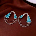 Vintage silver earrings with blue crystal flower studs and cascading fringe tassels - 53# Silver Earring Post - Blue - Geometry - Lake Blue Zircon Beaded Tassel