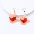 Acrylic gesture hand earrings with red glitter heart design and metal hooks - Finger Heart