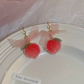 Pink beaded crystal earrings with organza bow and green leaf detail for women - Earring Hook Strawberry Gummy Shape (41#)