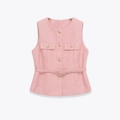 Elegant pink tweed sleeveless vest jacket for women featuring gold buttons and waist belt - XS / Pink
