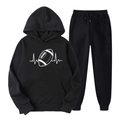 Ensemble jogging noir en polaire pour homme avec imprimé football et pouls cardiaque - S (L) / Haut Et Bas / Noir (Football avec Impression de Battement de Cœur)