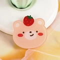 Cute pink bear acrylic badge with strawberry detail on a soft warm background - 11 Strawberry Bear Head
