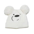 Detail of white knit hat with plush double pom-poms and cute panda facial embroidery - M (56-58cm) / White