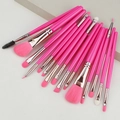 Nahaufnahme von 15 professionellen rosa Make-up-Pinseln mit silbernen Zwingen auf Podest - Rosarot (15 Stück)