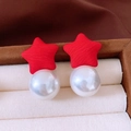 Detail of fabric red star earrings with a white round pearl drop on a jewelry display - 22# Steel Post - Fabric Red - White Pearl - Star