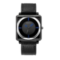 Minimalist square quartz watch with black leather strap and blue hour markers - Black