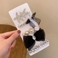 Starfish and pearl hair clip set with rhinestone bow on display card - Starfish Black Mesh 5-piece Set