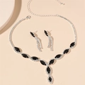 Silver necklace and earring set with large black oval gemstones and rhinestones - Black Oval Silver Flat Set(DTN14026508BK)