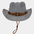 Detail of blue and white woven straw cowboy hat with turquoise bead and wood accents - M (56-58cm) / Dark Blue