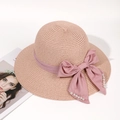 Pink straw sun hat with wide brim, silk ribbon, bow and pearl accents for women - One Size / Pink