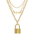 Three-layer gold necklace set featuring snake chain, cross pendant, and padlock charm - HS1459-20 Gold 3-Layer Padlock Cross Necklace