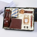 Men's gift set with brown leather belt, watch, wallet, and tie in black gift box - 9-Piece Coffee Set (Watch + Belt + Wallet + Tie + 2 Cufflinks + Perfume + Pen + Gift Box)