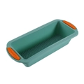 Rectangular teal loaf pan with orange silicone handles and textured baking base - Dark Green