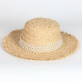 Elegant raffia straw flat top sun hat with pearl trim and frayed edges for beach vacations - One Size(Adjustable) / Natural Straw Color