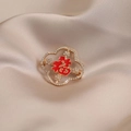 Elegant gold clover brooch with red Fu character and sparkling white rhinestones - 547#fu