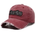 Distressed wash red baseball cap featuring Purist letter embroidery and worn details - Adjustable / Burgundy