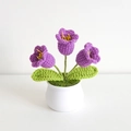 Handmade crochet purple tulip potted plant with green leaves in a white ceramic pot - 3-Head Lily of the Valley Purple