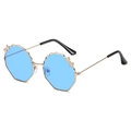 Kids polygon sunglasses with blue lenses, gold metal frames and bow accents - Gold Frame Blue Lenses