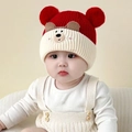 Cute red and white baby knit hat with bear face patch and dual pom-poms for winter warmth - Double Pom Pom Pet - Red