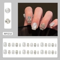 French style light luxury press-on nails in pearl white with silver glitter and sequins - MY232 Silver Galaxy (Glue Style)