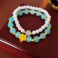 Double-layered beaded bracelet set with white pearls and blue gemstones with plum pendant - 2# Bracelet - Blue Flower