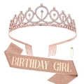 Set compleanno oro rosa con fascia scintillante e tiara di cristallo su bianco - BIRTHDAY GIRL Set Oro Rosa