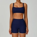 Conjunto de yoga azul marino acanalado con pantalones cortos y sujetador de cuello cuadrado - S / Sujetador + Pantalones Cortos / Azul marino