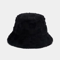 Close-up of black faux fur bucket hat showing soft plush texture and warm material - M / Black