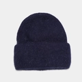 Navy blue fuzzy angora knit beanie with thick ribbed texture and warm cuffed brim - Navy Blue