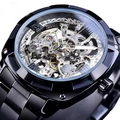 Men's skeleton mechanical watch in black stainless steel with visible gold gear movement - Black Case with Silver Movement Style / Black Case Silver Movement