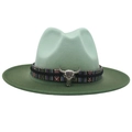 Detail of mint green and dark green felt cowboy hat with bull head ornament - M (56-58cm) / Light Green + Dark Green