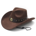 Klassieke donkerbruine suède western cowboyhoed met decoratieve lederen band en koord - M (56-58cm) / Bruin