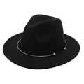 Classic black wide brim fedora hat with elegant gold metal ring and ball accessory - Black