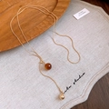 Vintage golden snake chain necklace with amber brown bead and metallic pendant detail - 14# Necklace-Gold-Round