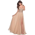 Detailed view of champagne evening gown featuring intricate sequins and high leg slit - US size 2 / Champagne