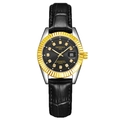 Luminous quartz watch with black crocodile leather strap and gold fluted bezel - Black Strap Two-tone Case Black Dial Women
