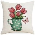 Linen pillowcase featuring red tulip floral illustration and pink butterfly design - 18x18 Inch / Tulip Watering Can Butterfly (LYD395-3)