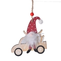 Christmas wooden gnome ornament on a red truck with white snowflakes and white beard - Car Style